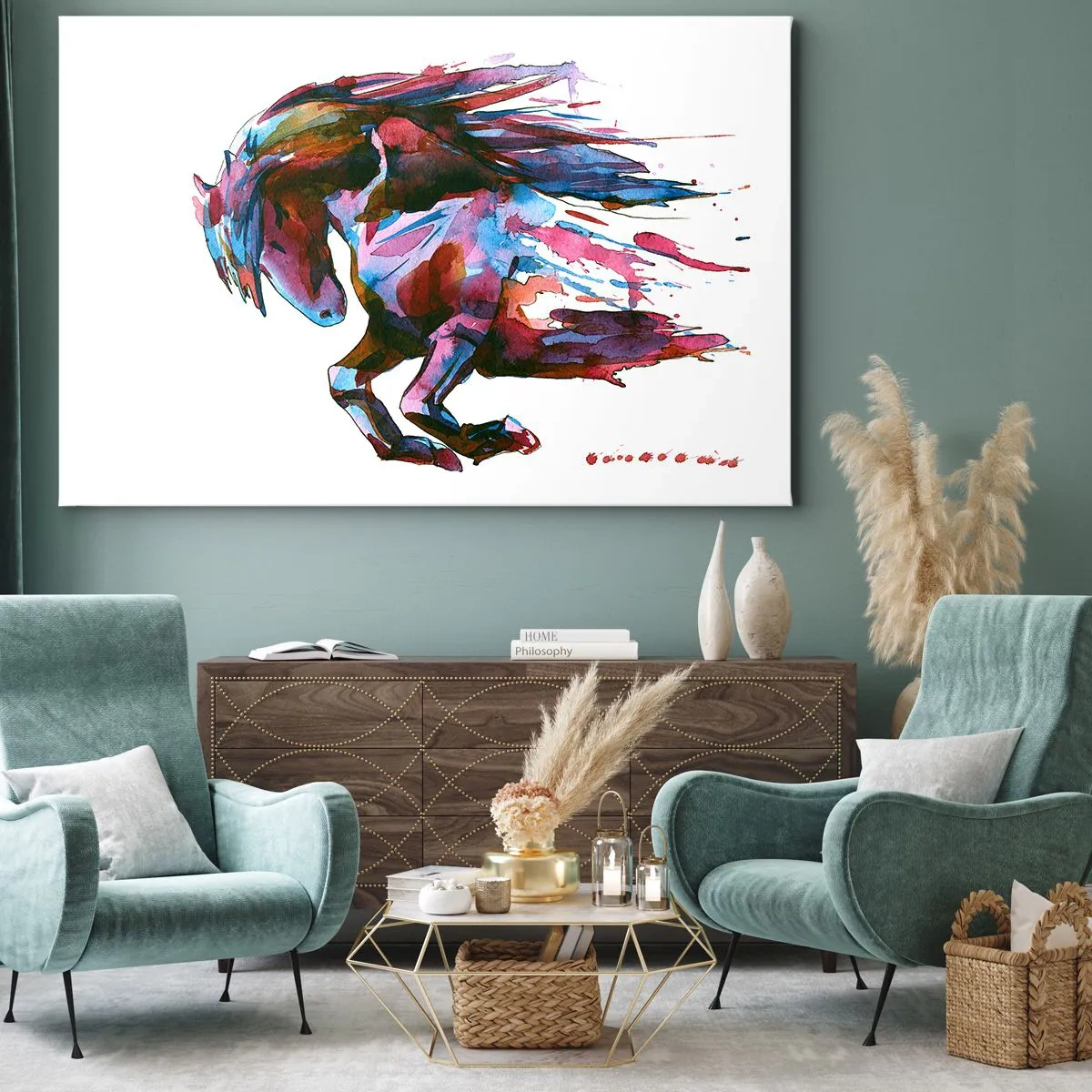 Quadro su tela - Stampe su Tela - Un cavallo dai colori astratti e dinamici che simboleggia la libertà - 100x70cm - In estasi - Decorazione murale moderna per soggiorno e camera da letto ARTTOR