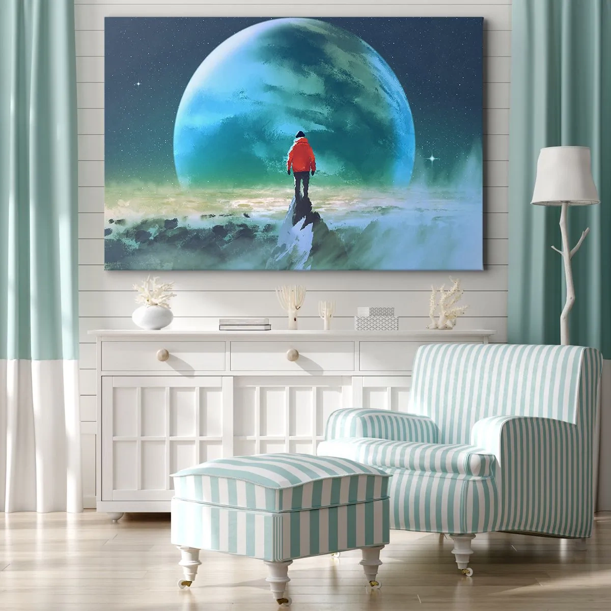 Quadro su tela - Stampe su Tela - Un uomo con una giacca rossa in piedi davanti a un grande pianeta con le stelle sullo sfondo. - 120x80cm - Scopritore di una nuova terra - Decorazione murale moderna per soggiorno e camera da letto ARTTOR