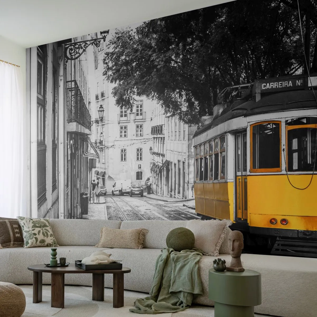 Fotomurali Premium Sand - Con il fado in sottofondo - retrò, Tram, Architettura - 100x70 cm