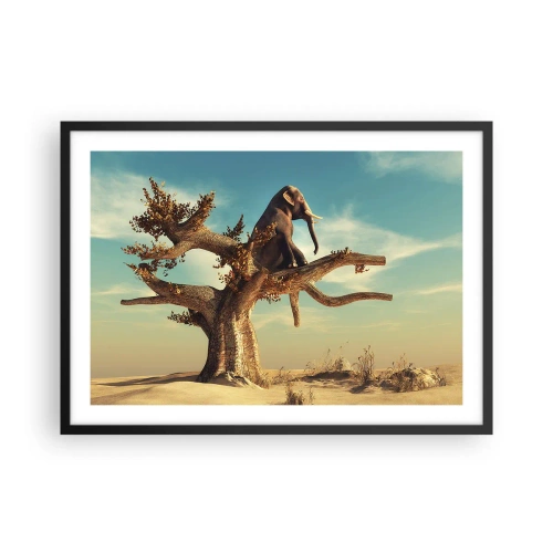 Poster in cornice nera - Un elefante seduto su un albero in un paesaggio surreale - 70x50cm - Nuovo punto di vista - Decorazione murale moderna per soggiorno e camera da letto ARTTOR