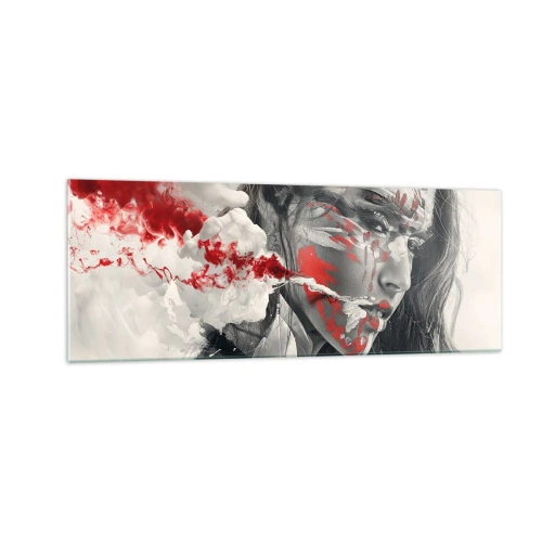 Quadro su vetro - Ritratto artistico di una donna con accenti rossi astratti - 140x50cm - Nei vapori dell'assurdo - Decorazione murale moderna per soggiorno e camera da letto ARTTOR