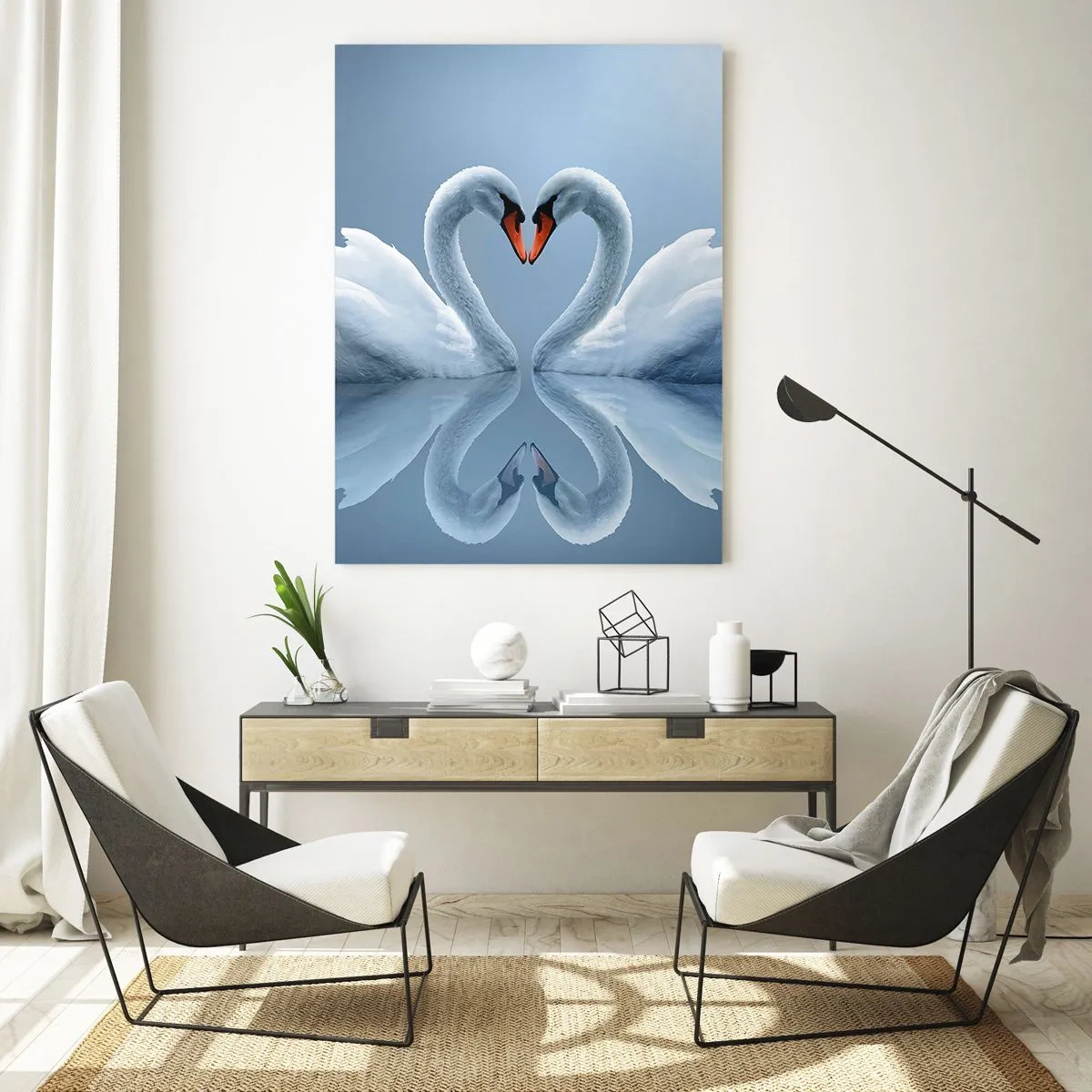 Quadro su vetro - Due cigni formano un cuore su una superficie calma dell'acqua - 70x100cm - Il tempo dell'amore - Decorazione murale moderna per soggiorno e camera da letto ARTTOR