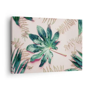 Quadro su tela - Stampe su Tela - Foglie tropicali su uno sfondo pastello chiaro - 70x50cm - Studio di verde su sfondo rosa - Decorazione murale moderna per soggiorno e camera da letto ARTTOR