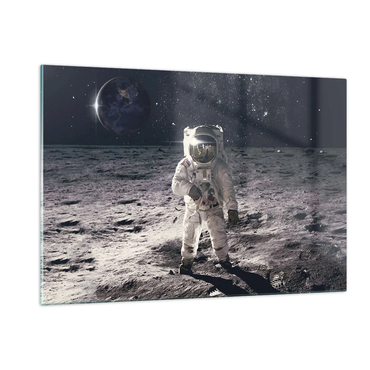 Quadro su vetro - Astronauta sulla superficie della Luna con la Terra sullo sfondo - 120x80cm - Saluti dalla luna - Decorazione murale moderna per soggiorno e camera da letto ARTTOR