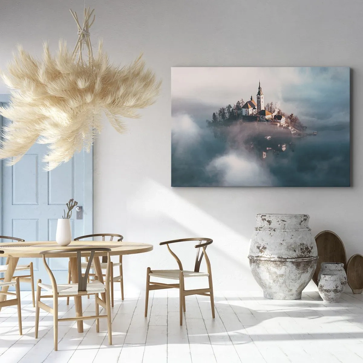 Quadro su tela - Stampe su Tela - Un'isola pittoresca con una chiesa circondata dalla nebbia - 70x50cm - L'isola dei sogni - Decorazione murale moderna per soggiorno e camera da letto ARTTOR