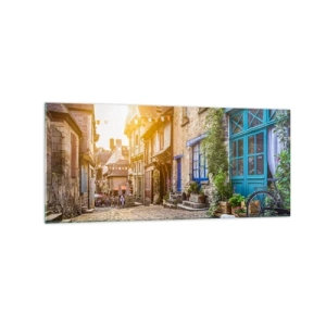 Quadro su vetro - Una strada affascinante con pavimentazione in pietra esposta alla luce del sole - 120x50cm - Lo spirito bianco della cittadina - Decorazione murale moderna per soggiorno e camera da letto ARTTOR