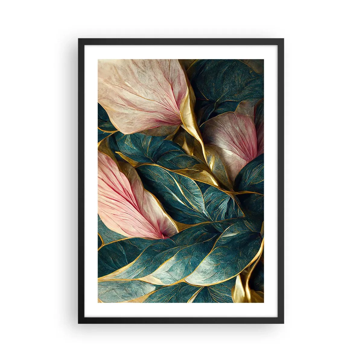 Poster in cornice nera - Un'elegante composizione di foglie nei toni del verde, dell'oro e del rosa - 50x70cm - Stile ed eleganza naturali - Decorazione murale moderna per soggiorno e camera da letto ARTTOR