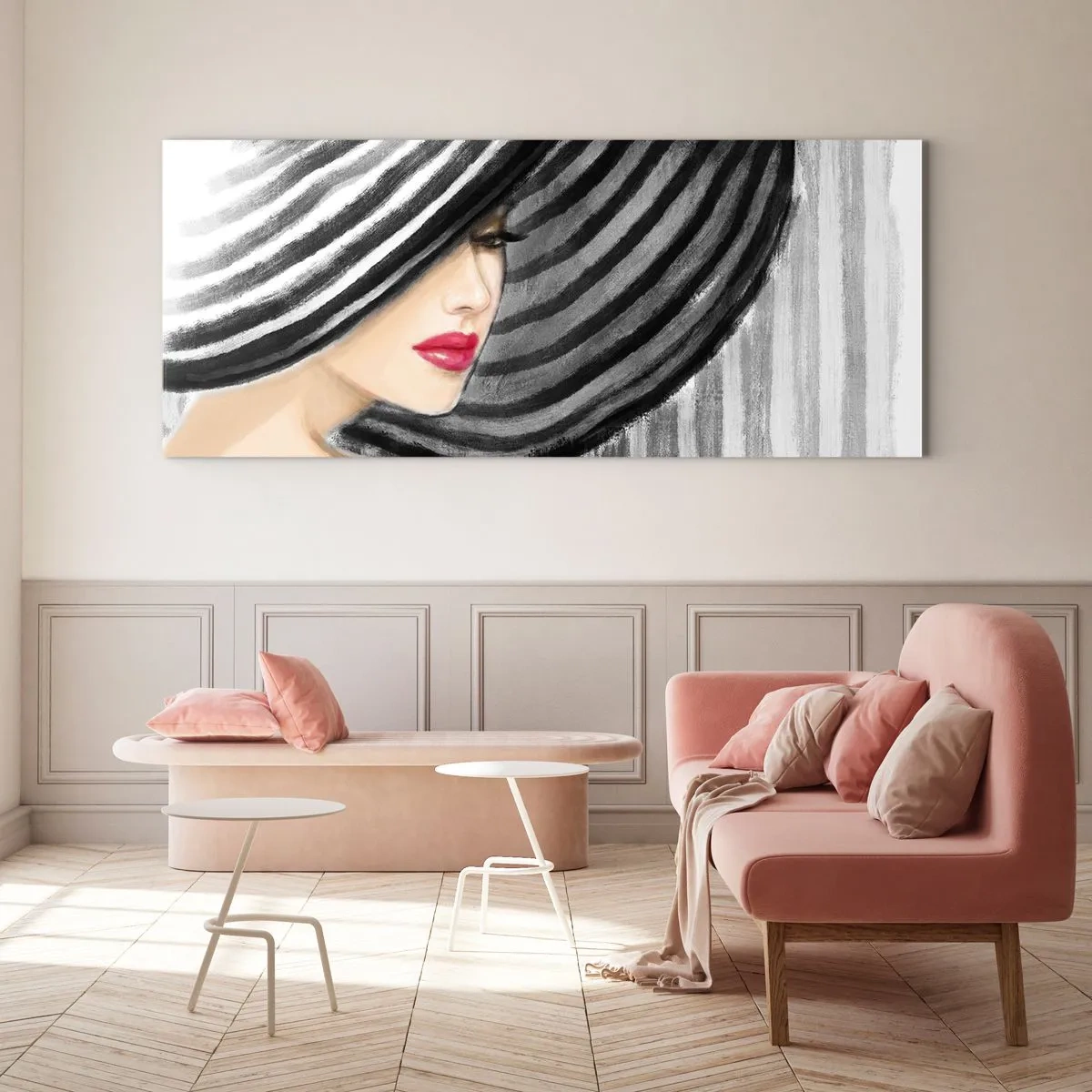 Quadro su vetro - Donna che indossa un cappello bianco e nero con un accento rosso - 140x50cm - Dove trovarti? - Decorazione murale moderna per soggiorno e camera da letto ARTTOR