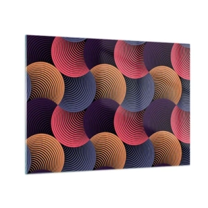 Quadro su vetro - Cerchi concentrici colorati che formano un motivo geometrico - 70x50cm - Al ritmo delle sfere - Decorazione murale moderna per soggiorno e camera da letto ARTTOR