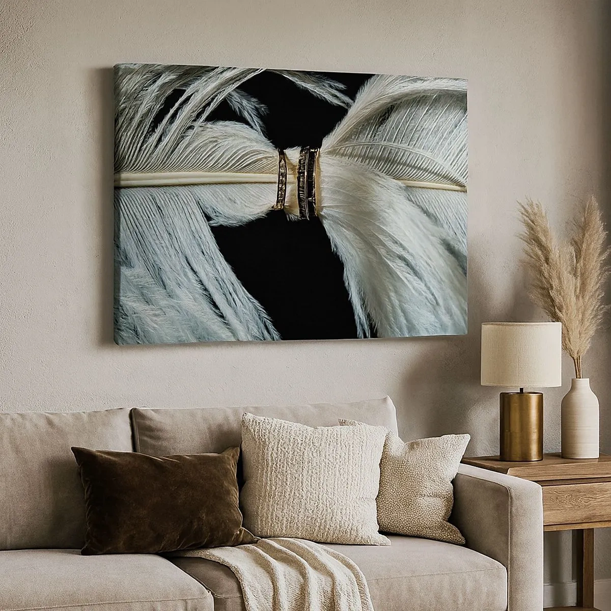 Quadro su tela - Stampe su Tela - Una piuma bianca con due anelli d'oro su uno sfondo nero - 70x50cm - ...e non ti lascerò... - Decorazione murale moderna per soggiorno e camera da letto ARTTOR