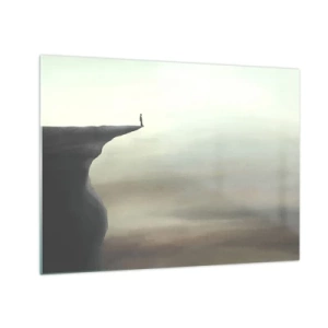 Quadro su vetro - Sagoma di una persona in piedi sul bordo di una scogliera sopra la nebbia - 70x50cm - Certamente verso l'alto! - Decorazione murale moderna per soggiorno e camera da letto ARTTOR