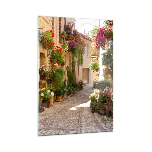 Quadro su vetro - Una pittoresca strada con fiori in vaso - 50x70cm - Un'esplosione di fiori - Decorazione murale moderna per soggiorno e camera da letto ARTTOR