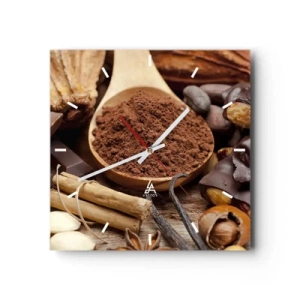 Orologio da parete - Orologio in Vetro - Un cucchiaio di cacao e ingredienti al cioccolato in una disposizione rustica - 30x30cm - Ideale per i momenti di tristezza - Decorazione murale moderna per soggiorno e camera da letto ARTTOR