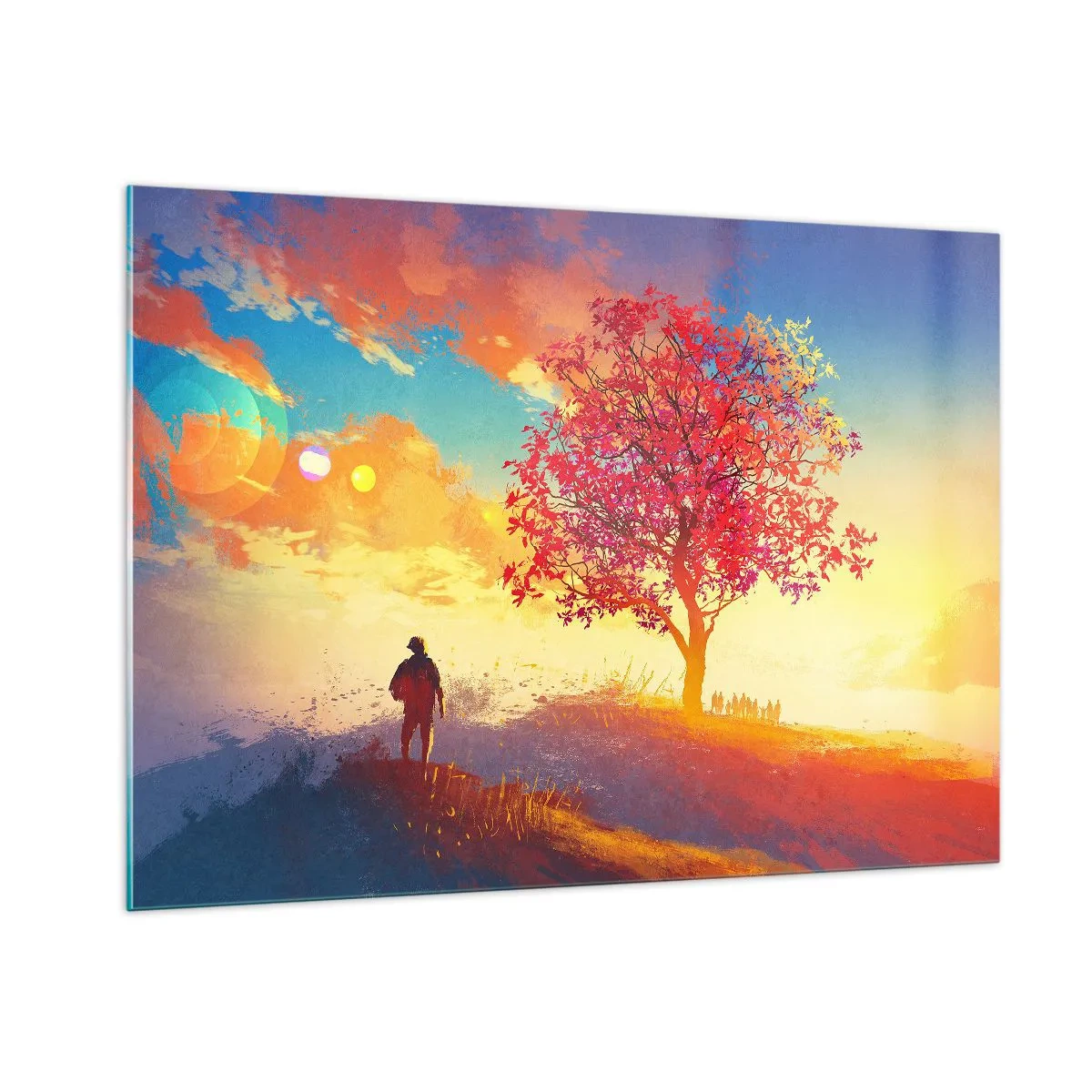 Quadro su vetro - Una figura sullo sfondo di un cielo colorato e un albero dai colori caldi - 100x70cm - Pellegrino alla meta - Decorazione murale moderna per soggiorno e camera da letto ARTTOR