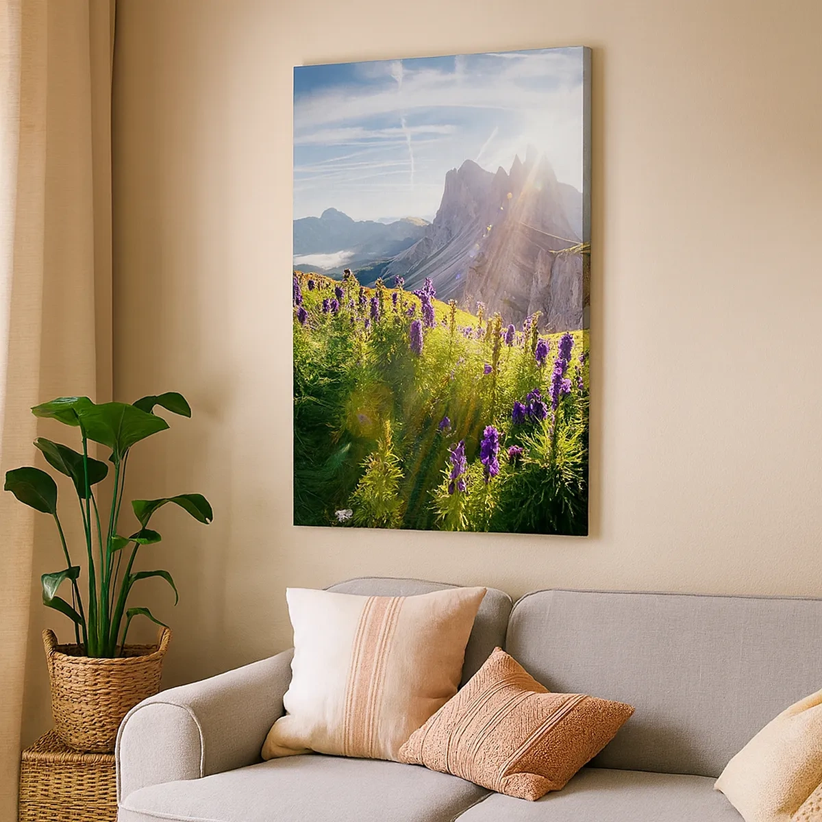 Quadro su tela - Stampe su Tela - Paesaggio montano con fiori alla luce del sole nascente - 50x70cm - La vita segreta delle erbe - Decorazione murale moderna per soggiorno e camera da letto ARTTOR