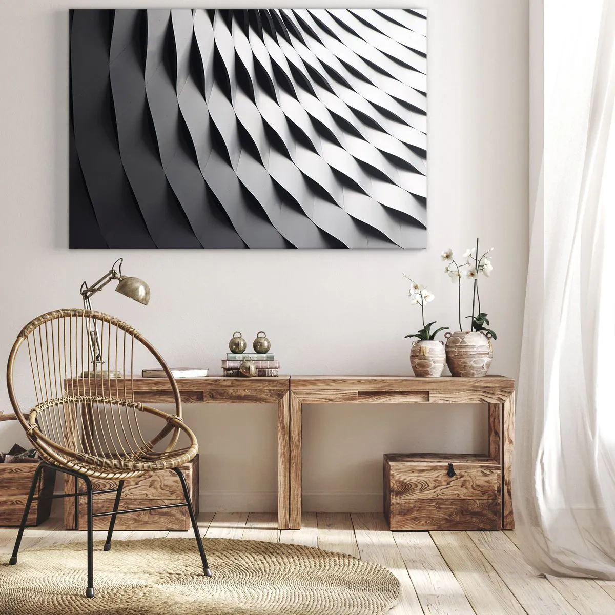 Quadro su tela - Stampe su Tela - Motivo geometrico astratto nei toni del bianco e del nero - 120x80cm - Sulla cresta dell'onda - Decorazione murale moderna per soggiorno e camera da letto ARTTOR