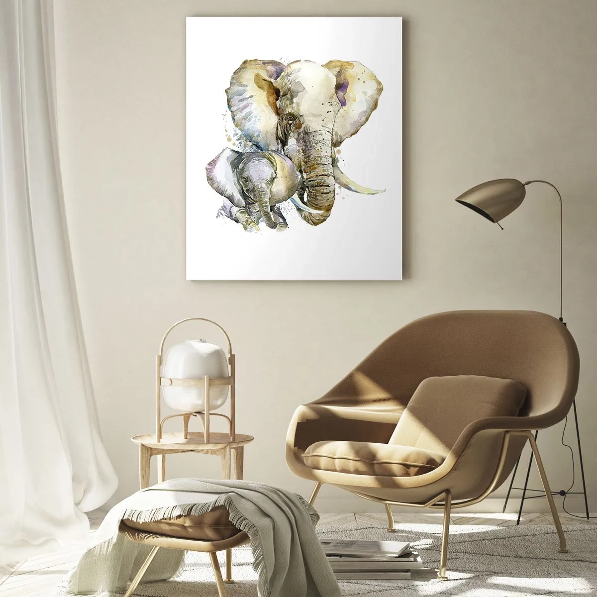 Quadro su vetro - Elefanti artistici in stile acquerello su sfondo bianco - 50x70cm - Con mamma: il posto migliore - Decorazione murale moderna per soggiorno e camera da letto ARTTOR