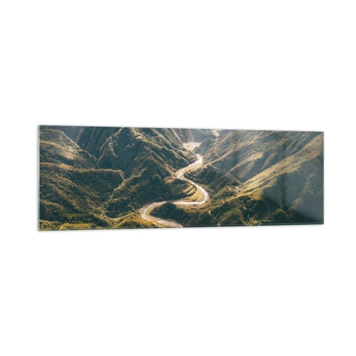 Quadro su vetro - Un paesaggio montano con una strada tortuosa tra verdi colline - 160x50cm - Direttamente dal cuore dei monti - Decorazione murale moderna per soggiorno e camera da letto ARTTOR