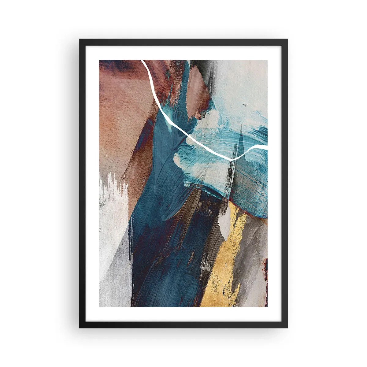Poster in cornice nera - Astrazione espressiva nei toni del blu e dell'oro - 50x70cm - Con forza ed energia - Decorazione murale moderna per soggiorno e camera da letto ARTTOR