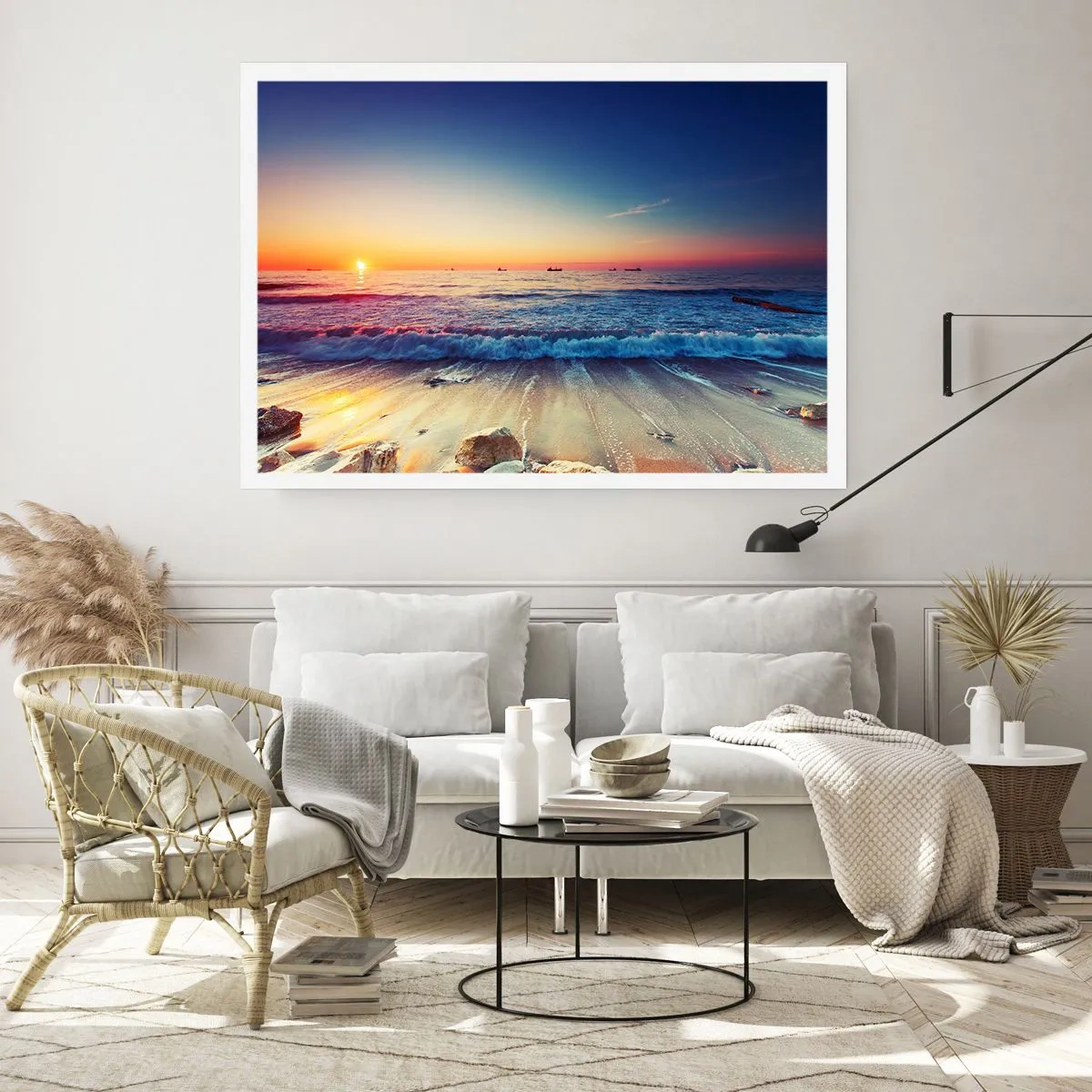 Poster - Tramonto su un mare calmo con onde - 100x70cm - Cosa c'è dietro l'orizzonte? - Decorazione murale moderna per soggiorno e camera da letto ARTTOR