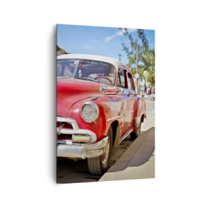 Quadro su tela - Stampe su Tela - Un'auto classica rossa parcheggiata sulla strada in una giornata di sole - 70x100cm - Ancora solamente a Cuba - Decorazione murale moderna per soggiorno e camera da letto ARTTOR