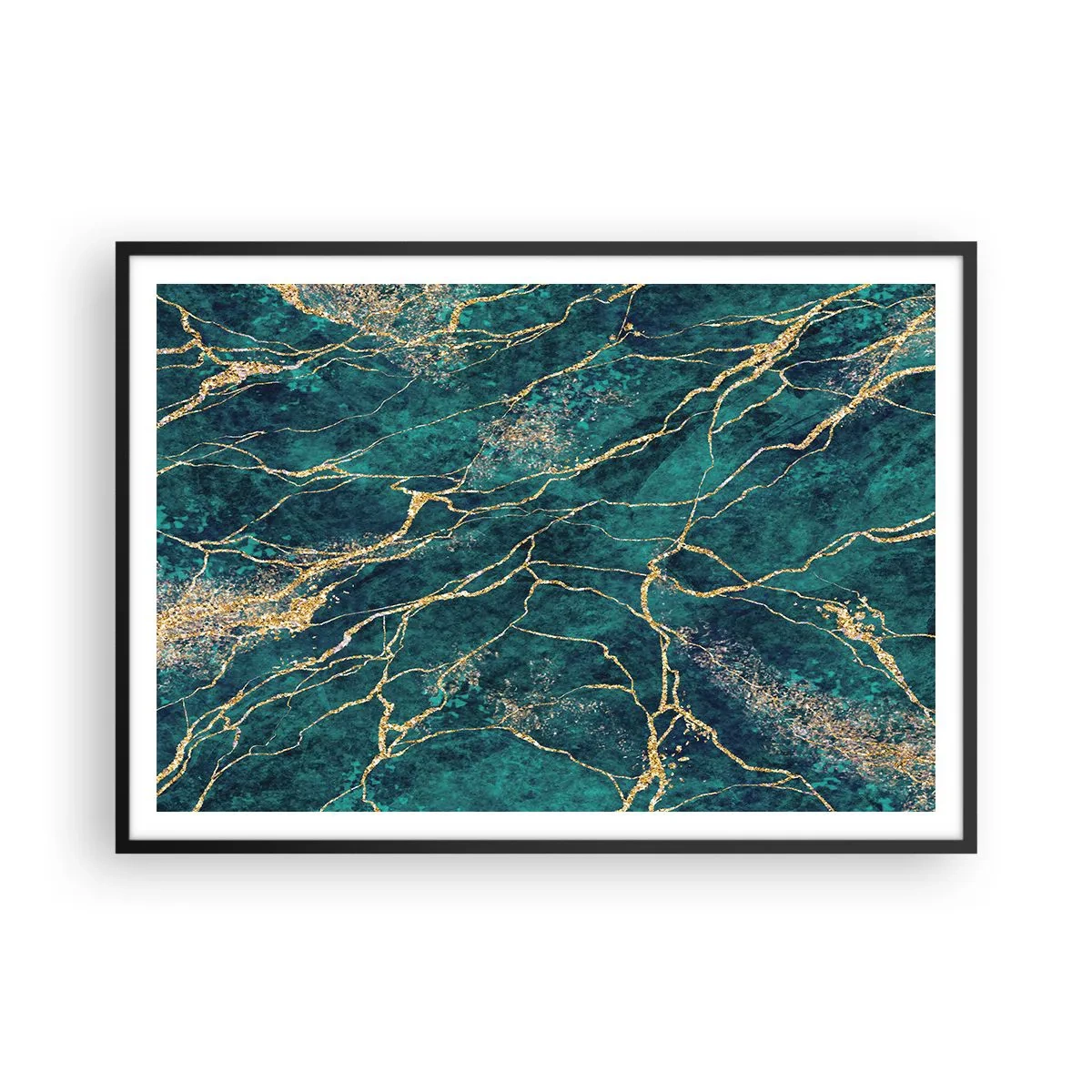 Poster in cornice nera - Motivo marmoreo strutturato nelle tonalità del turchese e dell'oro - 100x70cm - La vena d'oro - Decorazione murale moderna per soggiorno e camera da letto ARTTOR