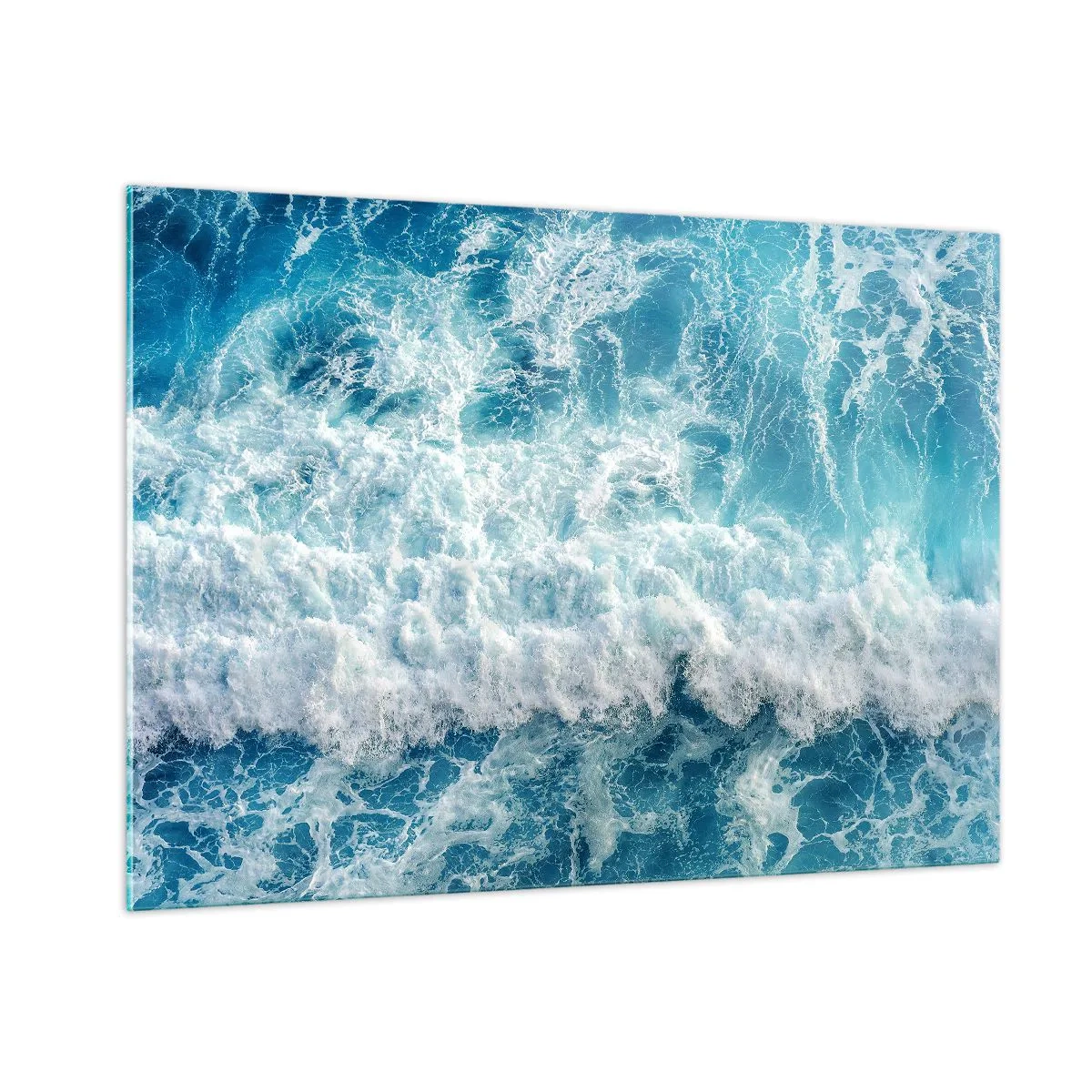 Quadro su vetro - Onde blu che si infrangono sulla riva - 100x70cm - Con gioia e saltellando - Decorazione murale moderna per soggiorno e camera da letto ARTTOR