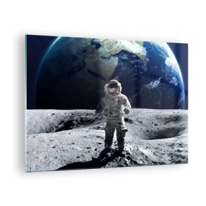 Quadro su vetro - Astronauta sulla superficie della Luna con la Terra sullo sfondo - 70x50cm - Saluti dalla luna - Decorazione murale moderna per soggiorno e camera da letto ARTTOR
