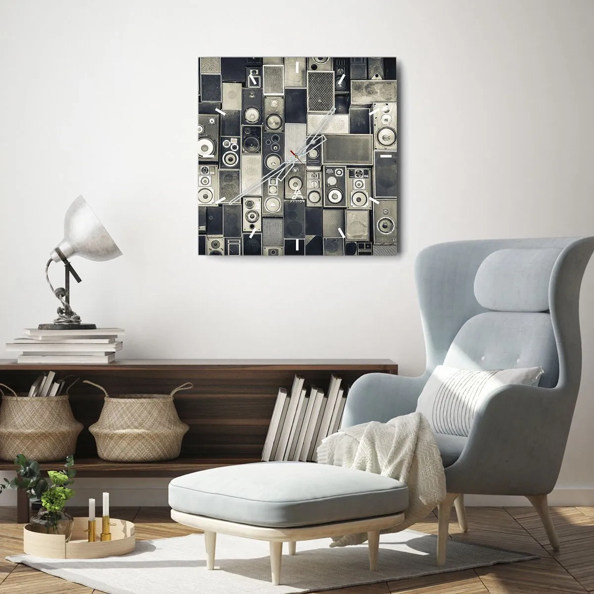 Orologio da parete - Orologio in Vetro - Collezione di altoparlanti in stile retrò - 30x30cm - Armonia di suoni - Decorazione murale moderna per soggiorno e camera da letto ARTTOR
