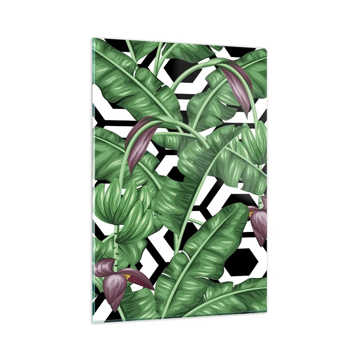 Quadro su vetro - Foglie tropicali su sfondo geometrico - 80x120cm - Composizione simmetrica con la natura - Decorazione murale moderna per soggiorno e camera da letto ARTTOR