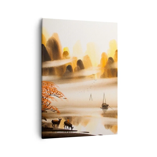 Quadro su tela - Stampe su Tela - Un paesaggio orientale con un fiume, montagne e una leggera nebbia. - 50x70cm - Oltre l'Estremo Oriente - Decorazione murale moderna per soggiorno e camera da letto ARTTOR