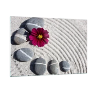 Quadro su vetro - Pietre con strisce bianche e un fiore viola sulla sabbia in stile zen - 120x80cm - Energia e pace nel cerchio magico della natura - Decorazione murale moderna per soggiorno e camera da letto ARTTOR