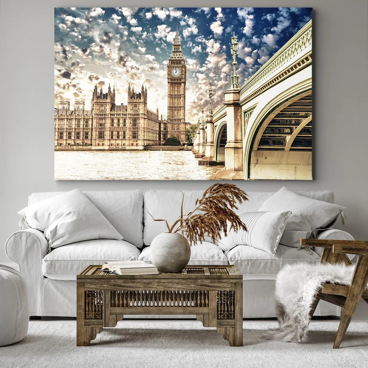 Quadro su tela - Stampe su Tela - Il Big Ben e il ponte di Westminster illuminati dal sole a Londra - 70x50cm - Cirri sul Tamigi - Decorazione murale moderna per soggiorno e camera da letto ARTTOR