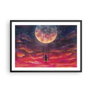Poster in cornice nera - Una figura su un'altalena sospesa contro la luna - 70x50cm - Con la testa tra le nuvole - Decorazione murale moderna per soggiorno e camera da letto ARTTOR