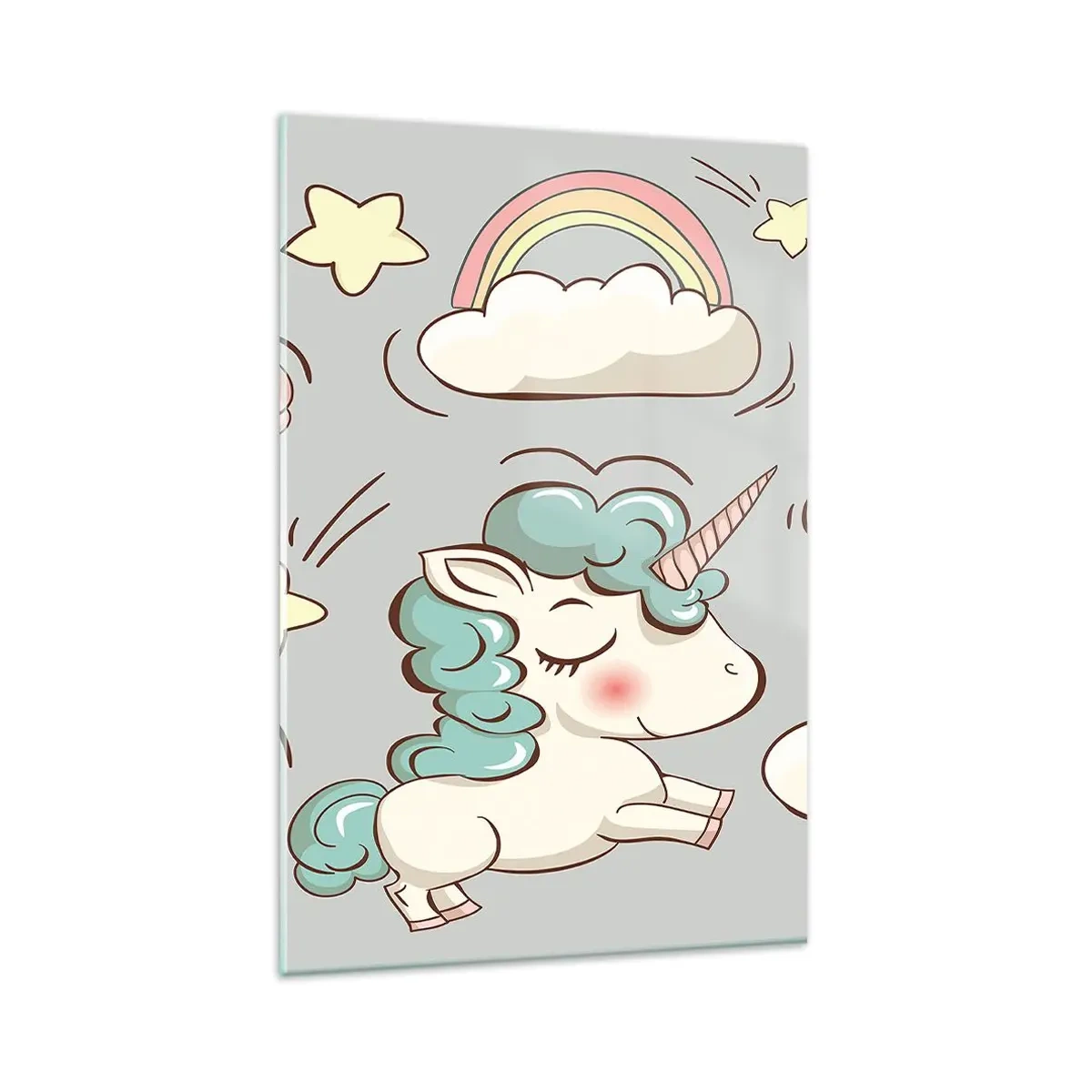 Quadro su vetro - Simpatici unicorni su sfondo pastello - 80x120cm - Sicuramente esistono… - Decorazione murale moderna per soggiorno e camera da letto ARTTOR