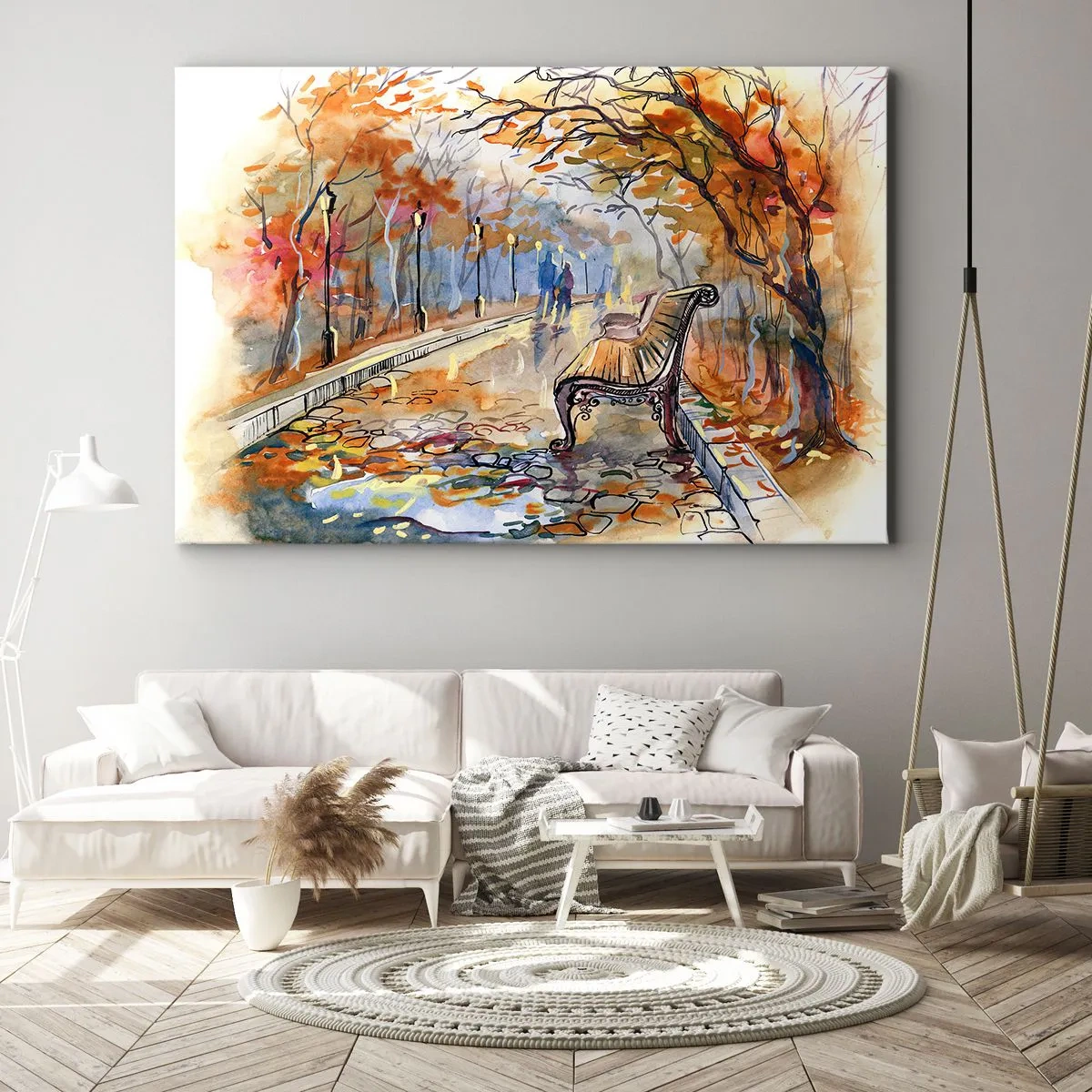 Quadro su tela - Stampe su Tela - Un parco autunnale con una panchina in acquerello - 70x50cm - Passeggiando insieme l'autunno - Decorazione murale moderna per soggiorno e camera da letto ARTTOR