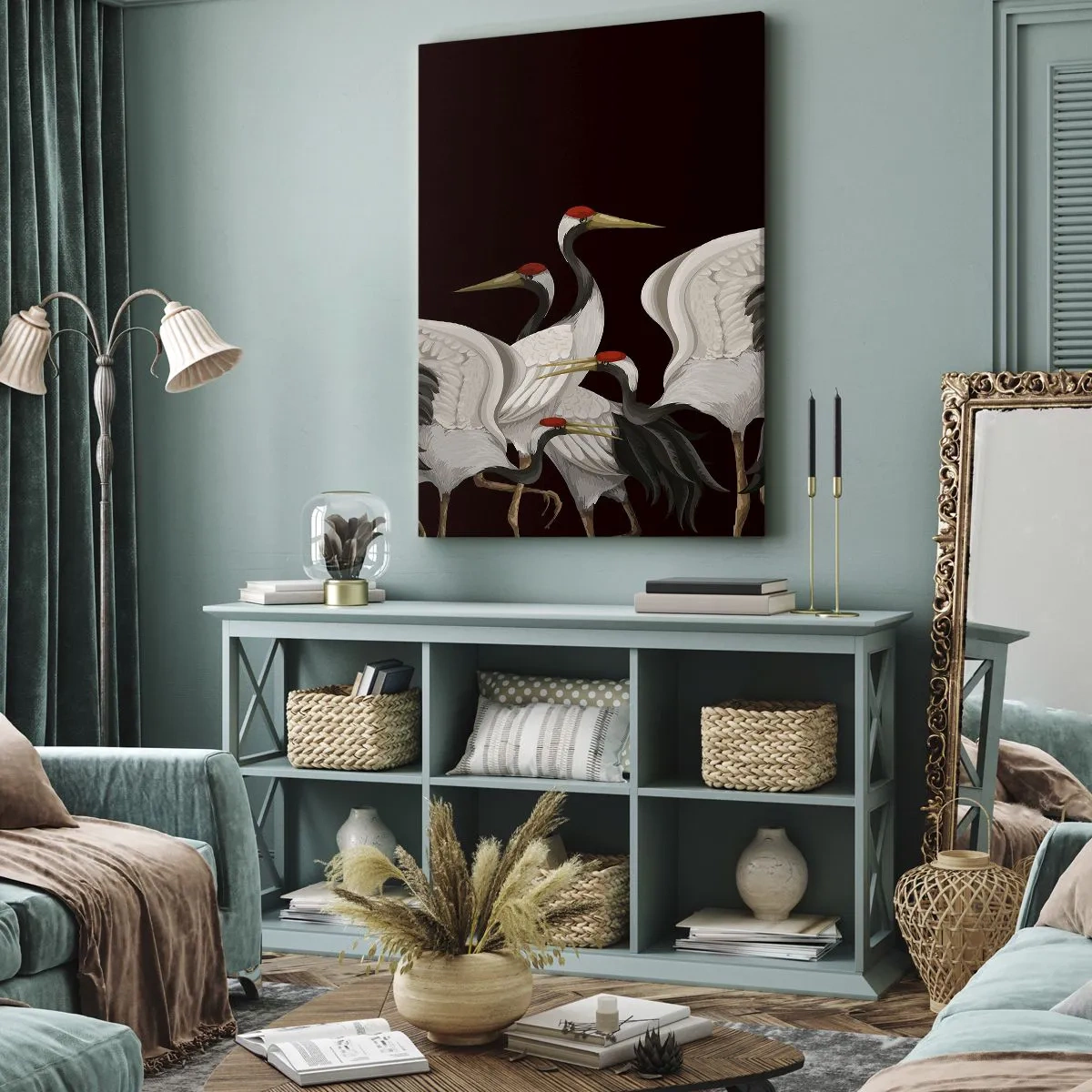 Quadro su tela - Stampe su Tela - Gru bianche con accenti rossi su sfondo nero - 50x70cm - Cose da uccelli - Decorazione murale moderna per soggiorno e camera da letto ARTTOR