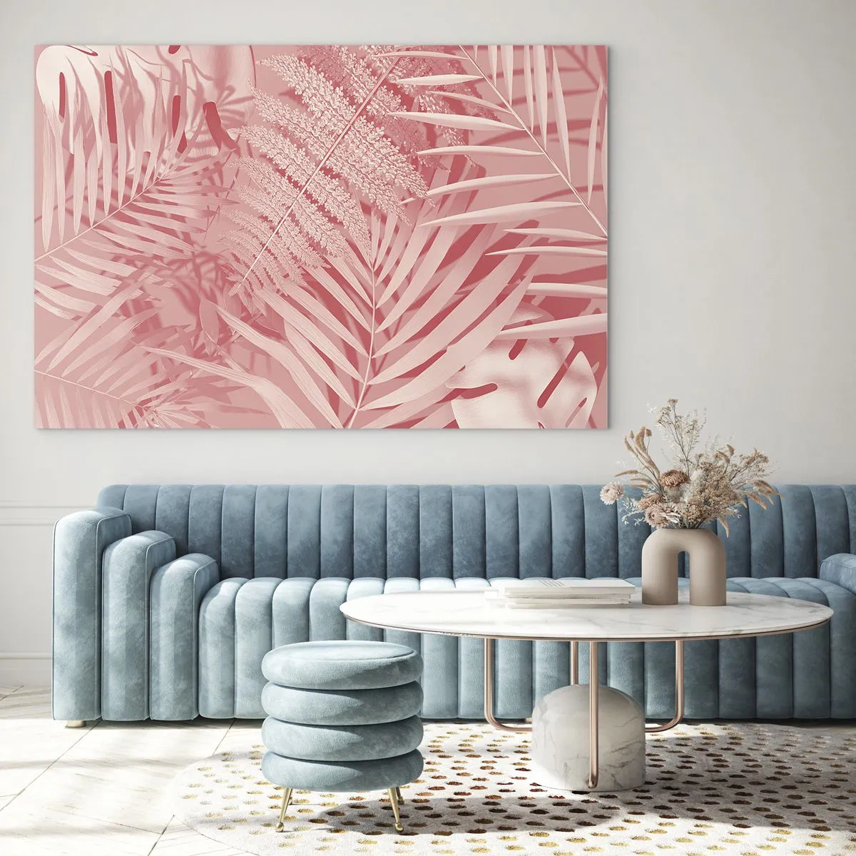 Quadro su vetro - Foglie tropicali rosa in una composizione moderna - 70x50cm - Concetto rosa - Decorazione murale moderna per soggiorno e camera da letto ARTTOR