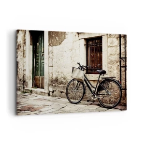Quadro su tela - Stampe su Tela - Una bicicletta contro un muro di pietra con una finestra e una porta in stile retrò - 100x70cm - Ritorno al passato - Decorazione murale moderna per soggiorno e camera da letto ARTTOR