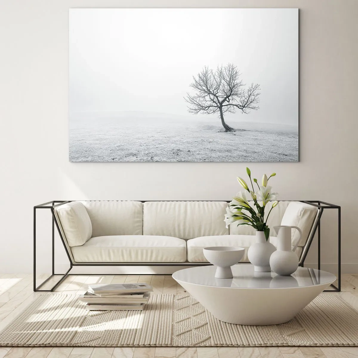 Quadro su vetro - Un albero solitario contro la nebbia in una composizione monocromatica - 70x50cm - Contro il nulla - Decorazione murale moderna per soggiorno e camera da letto ARTTOR