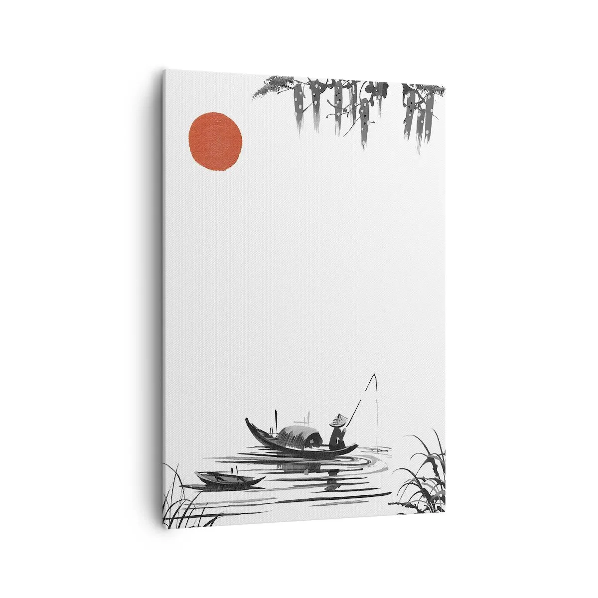 Quadro su tela - Stampe su Tela - Paesaggio orientale con un pescatore su una barca e un sole rosso - 70x100cm - Pomeriggio asiatico - Decorazione murale moderna per soggiorno e camera da letto ARTTOR