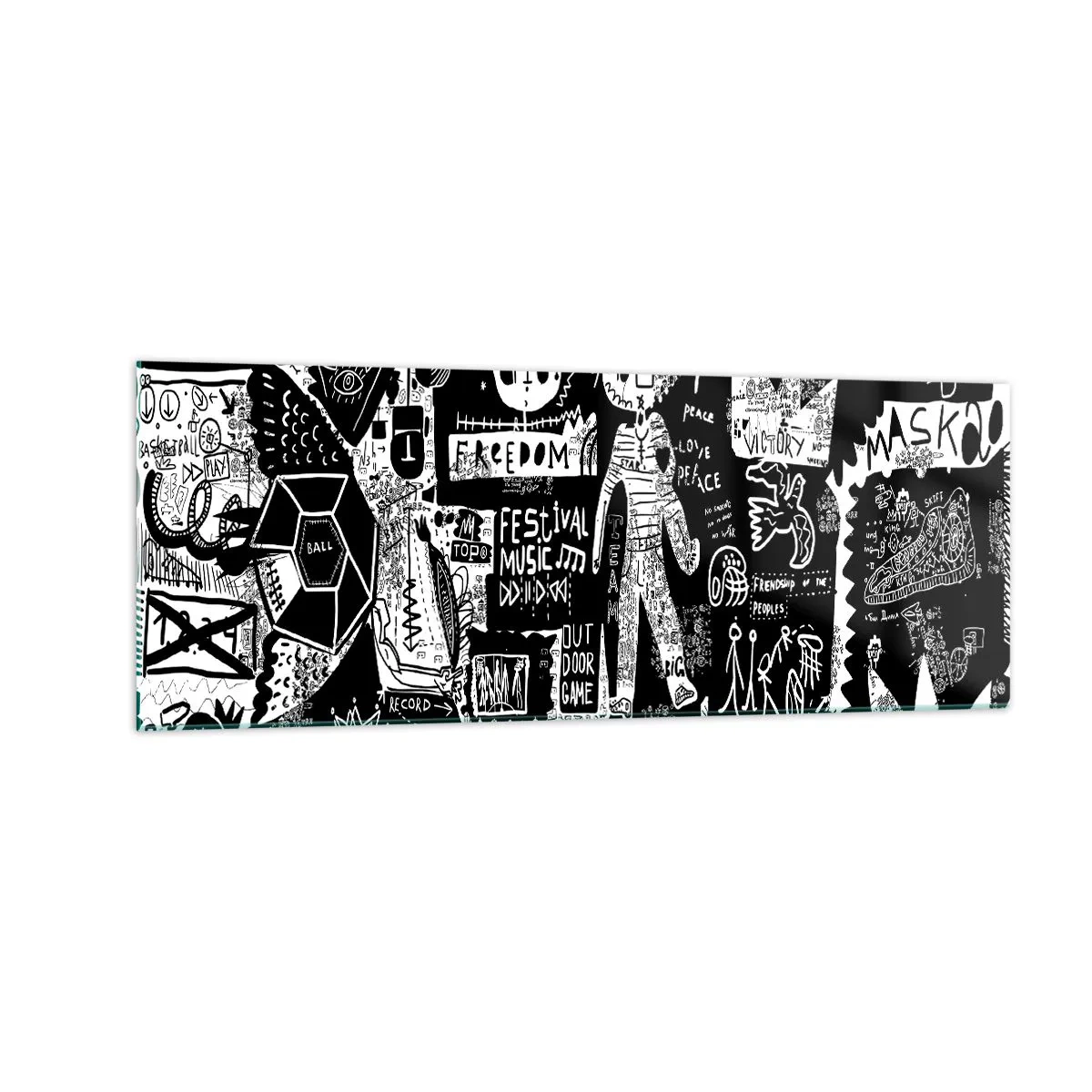 Quadro su vetro - Collage in bianco e nero ispirato alla street art - 140x50cm - Gioventù spirituale di giustizia e gioia - Decorazione murale moderna per soggiorno e camera da letto ARTTOR