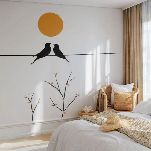 Fotomurali Premium Canvas - Uccelli su una linea con un sole giallo - 100x70cm - Sera da usignoli - Decorazione murale moderna per soggiorno e camera da letto ARTTOR