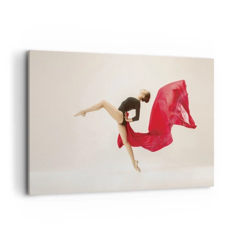 Quadro su tela - Stampe su Tela - Una ballerina dinamica in movimento con un abito nero e tessuto rosso. - 120x80cm - Rosso e nero - Decorazione murale moderna per soggiorno e camera da letto ARTTOR