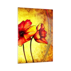 Quadro su vetro - Papaveri rossi su uno sfondo di sfumature dorate con dettagli artistici - 50x70cm - Decorazione Art Nouveau - Decorazione murale moderna per soggiorno e camera da letto ARTTOR