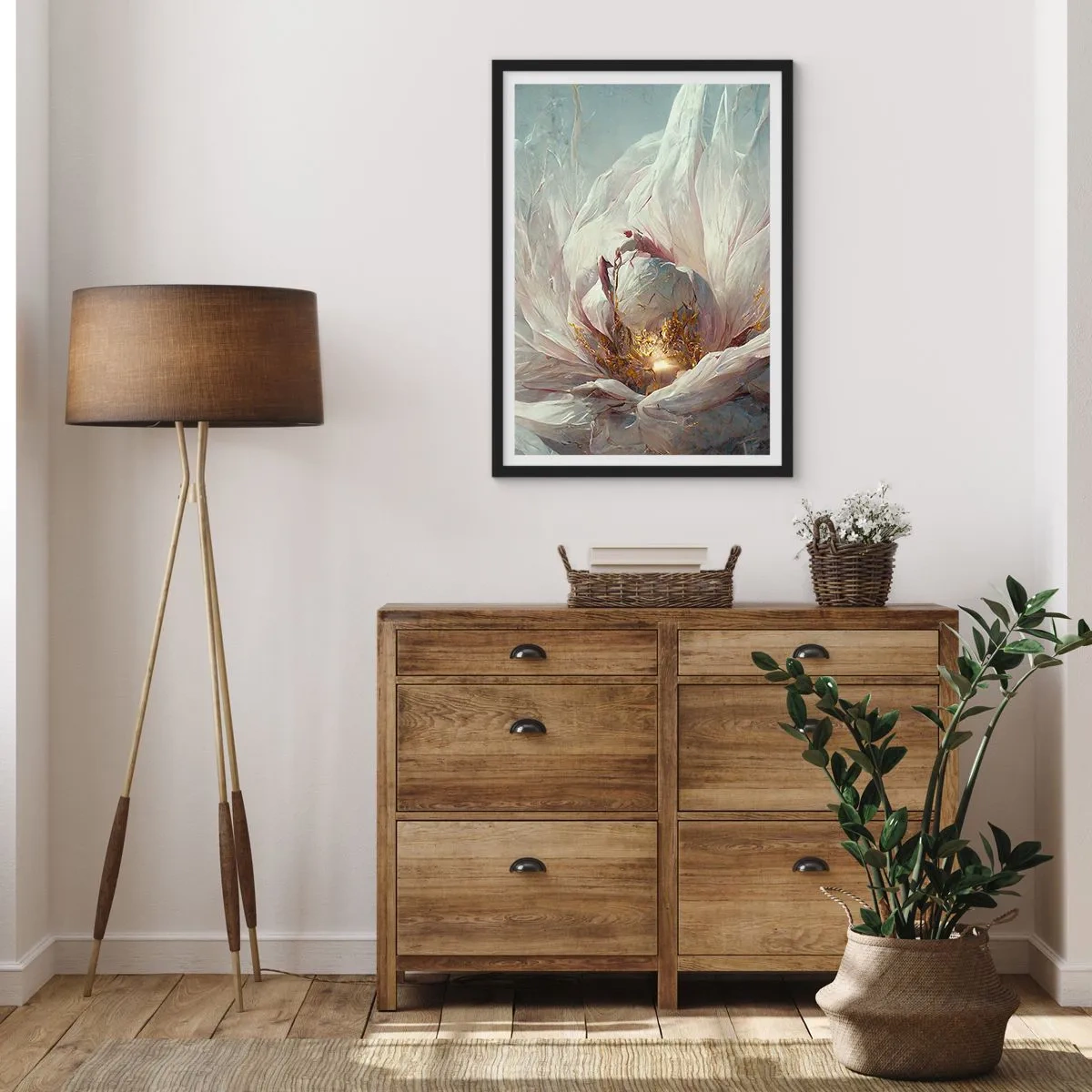 Poster in cornice nera - Una sottile astrazione con motivo floreale in delicate tonalità di bianco e oro. - 50x70cm - Fiorisce ogni cento anni - Decorazione murale moderna per soggiorno e camera da letto ARTTOR