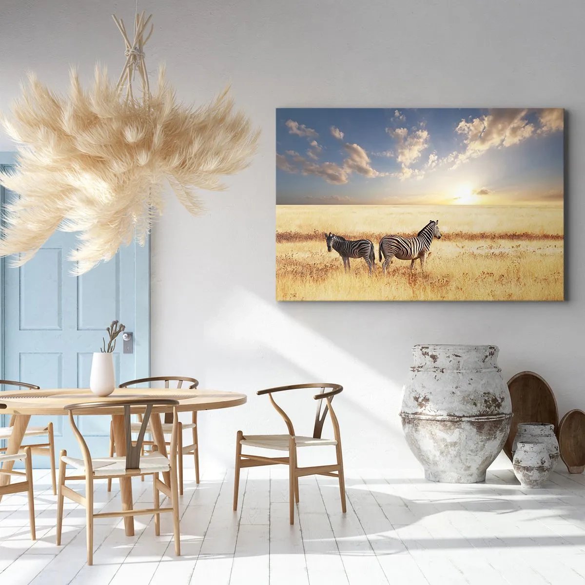 Quadro su tela - Stampe su Tela - Due zebre nella savana sotto i raggi del sole al tramonto - 120x80cm - Allontanati, non disturbare - Decorazione murale moderna per soggiorno e camera da letto ARTTOR