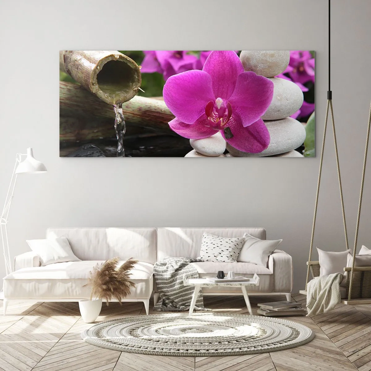 Quadro su vetro - Orchidea viola, pietre e bambù con acqua in un ambiente rilassante - 160x50cm - E già ti riposi - Decorazione murale moderna per soggiorno e camera da letto ARTTOR