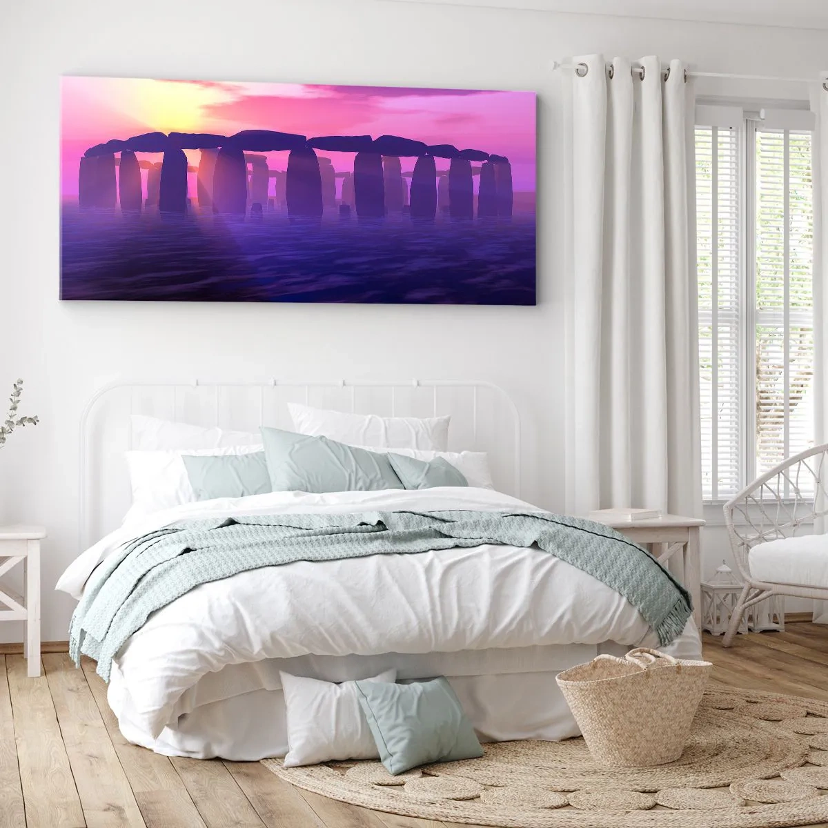 Quadro su tela - Stampe su Tela - Cerchio di pietre al tramonto con cielo viola - 140x50cm - Mistero in un'alba nebbiosa - Decorazione murale moderna per soggiorno e camera da letto ARTTOR