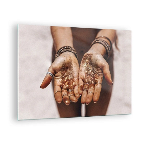 Quadro su vetro - Mani aperte con glitter nella luce calda - 70x50cm - Un dono per te - Decorazione murale moderna per soggiorno e camera da letto ARTTOR